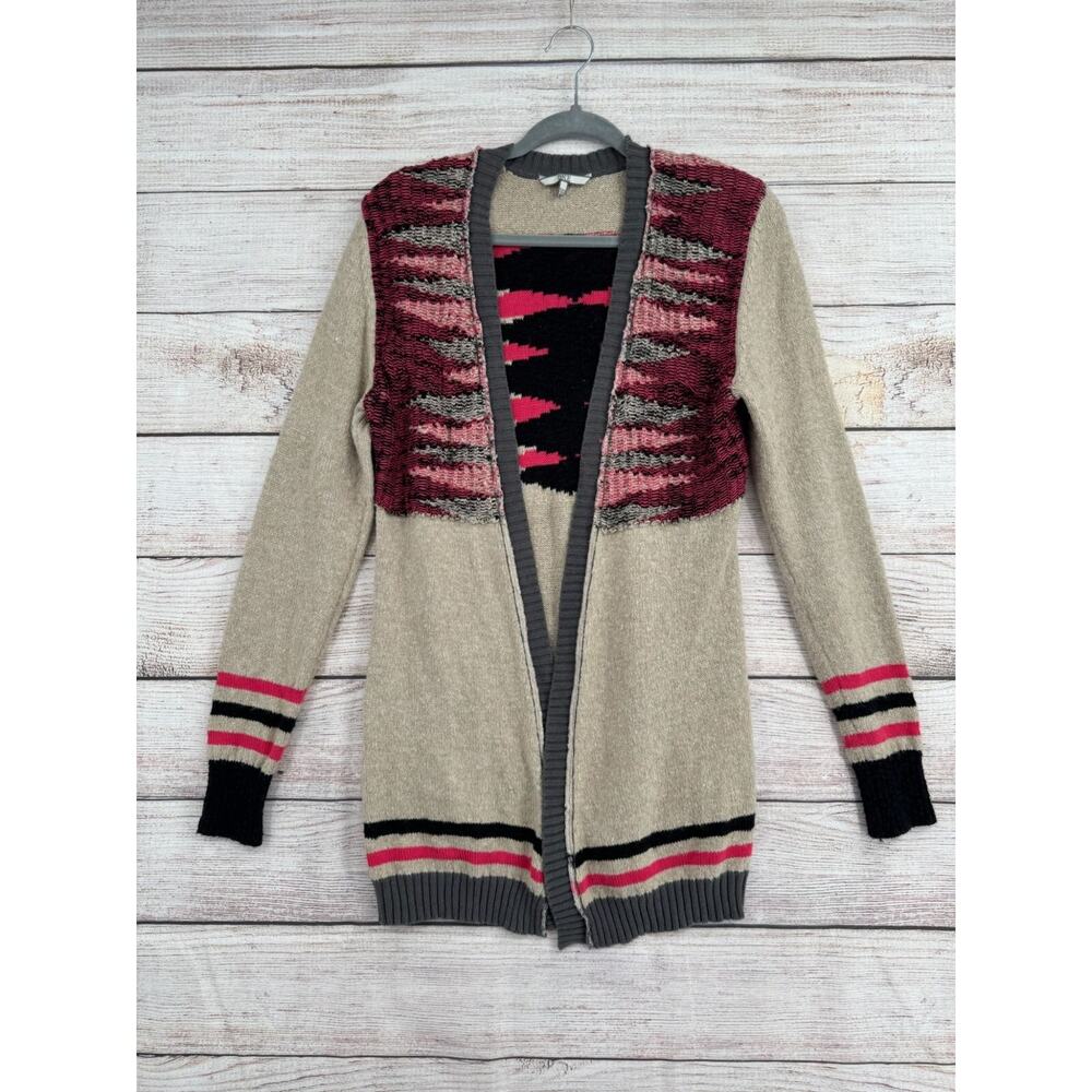 BKE‎ Buckle Geometric Knit Open Front Cardigan Sweater Women's M Beige/Pink/Gray